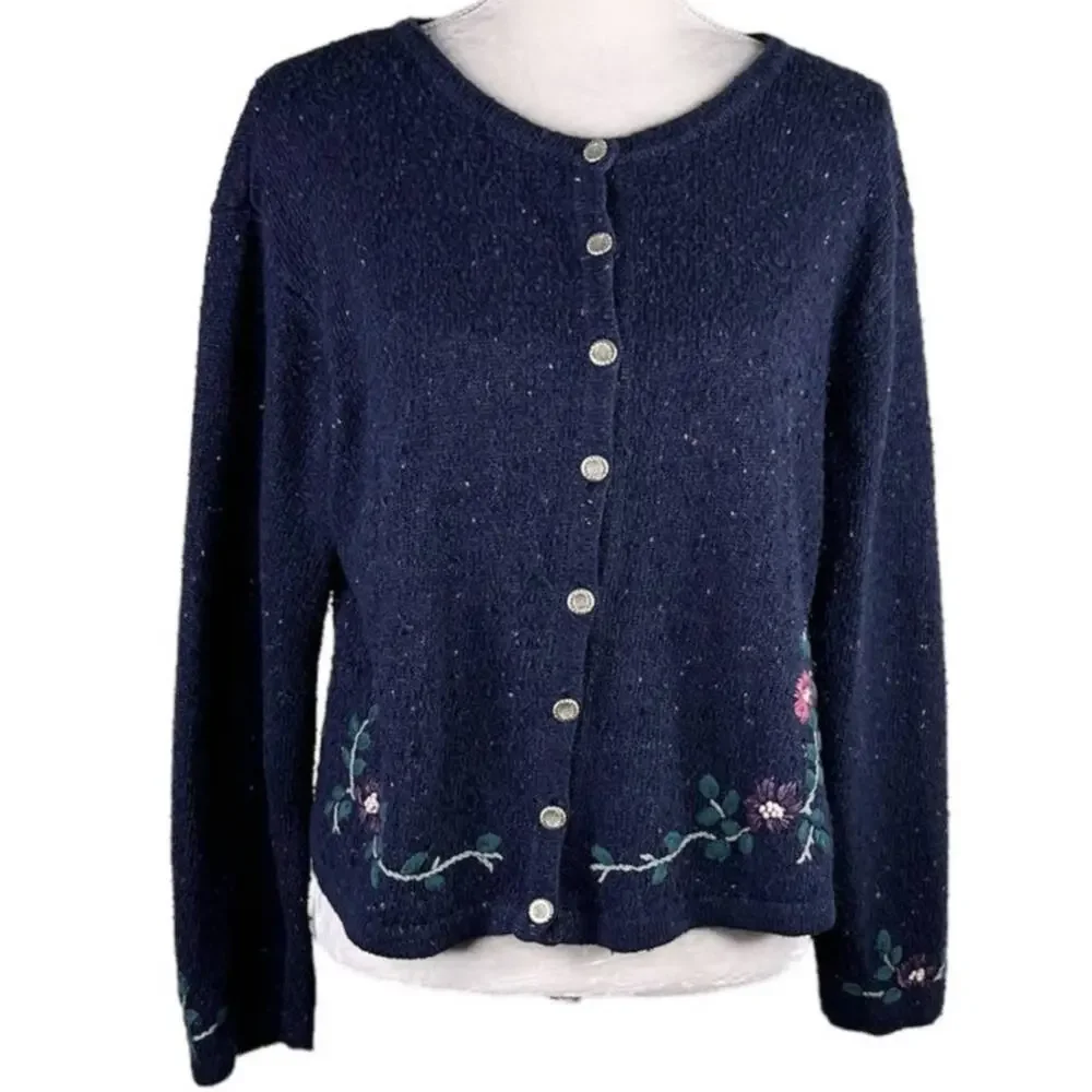 Northern Reflections Sweater Cardigan Large Navy Pink Floral L